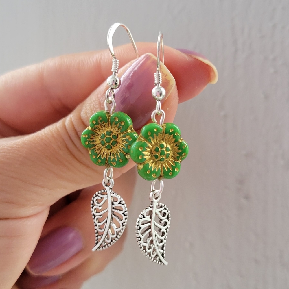 Handmade Flower And Leaf Silver Earrings - Picture 3 of 4